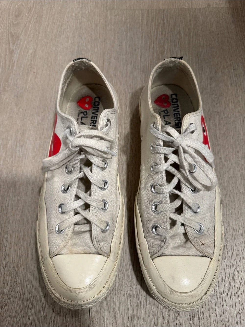 Comme des Garcons PLAY Off-White Canvas Low-Top Sneakers with Red Heart